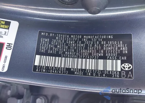 2015 Toyota Corolla L/Le/Le Pls/Prm/S/S Pls из США, поврежденный, VIN 5YFBURHE3FP243737